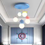 Contemporary Creative Macaron Kids Round Orb Iron Glass Aluminum LED Semi-Flush Mount Ceiling Light For Bedroom