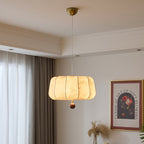 Traditional French Cream Round Cylinder Oval Hardware Wood Fabric 3/4 Light Pendant Light For Bedroom
