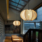 Traditional Japanese Birdcage Oval Hemp Rope Wood 1-Light Pendant Light For Dining Room