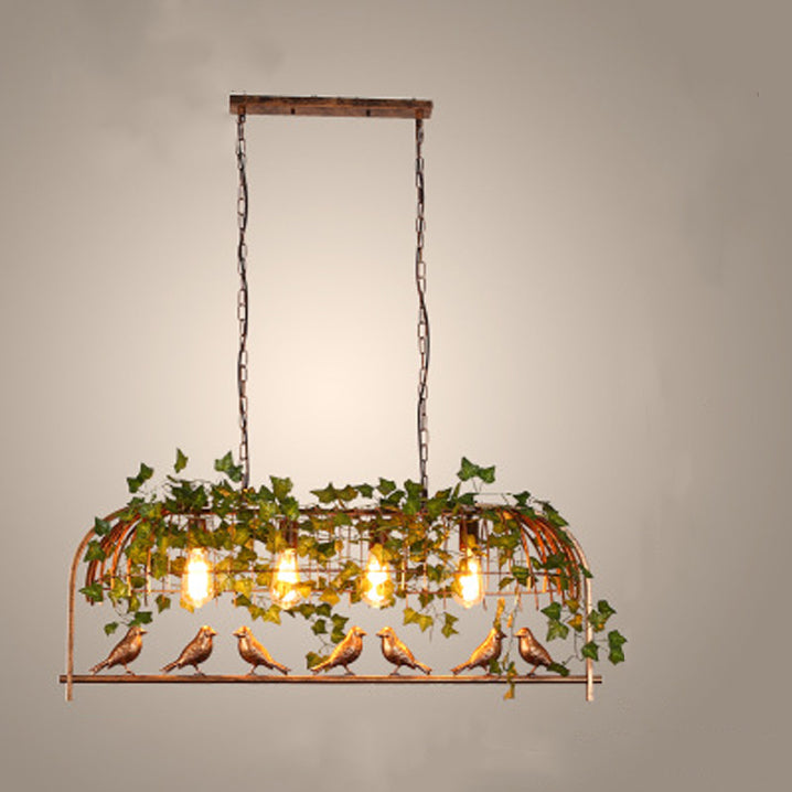 Contemporary Industrial Birdcage Bird Plant Rectangle Linear Iron 1/4 Light Chandelier for Dining Room
