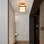 Traditional Japanese Rectangular Solid Wood Glass 1-light Semi-flush Mount Ceiling Light for Hallway