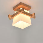 Traditional Japanese Rectangular Solid Wood Glass 1-light Semi-flush Mount Ceiling Light for Hallway