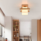 Traditional Japanese Rectangular Solid Wood Glass 1-light Semi-flush Mount Ceiling Light for Hallway