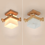 Traditional Japanese Rectangular Solid Wood Glass 1-light Semi-flush Mount Ceiling Light for Hallway