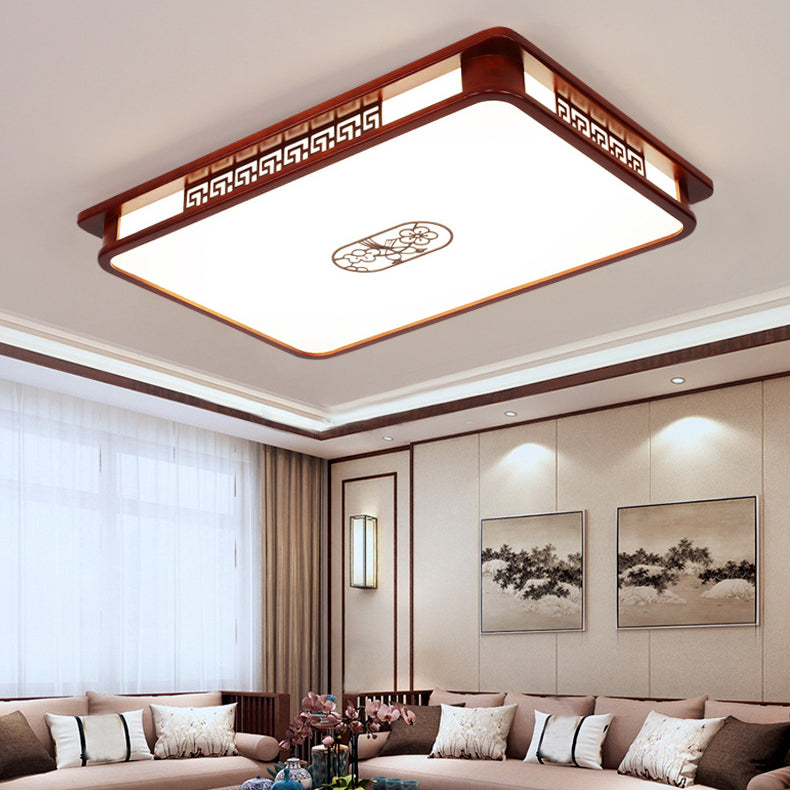 Traditional Chinese Rectangle Pine Acrylic LED Flush Mount Ceiling Light for Living Room