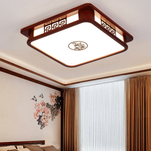 Traditional Chinese Rectangle Pine Acrylic LED Flush Mount Ceiling Light for Living Room
