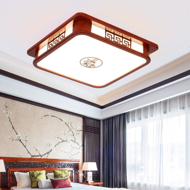 Traditional Chinese Rectangle Pine Acrylic LED Flush Mount Ceiling Light for Living Room