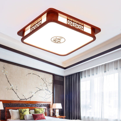 Traditional Chinese Rectangle Pine Acrylic LED Flush Mount Ceiling Light for Living Room