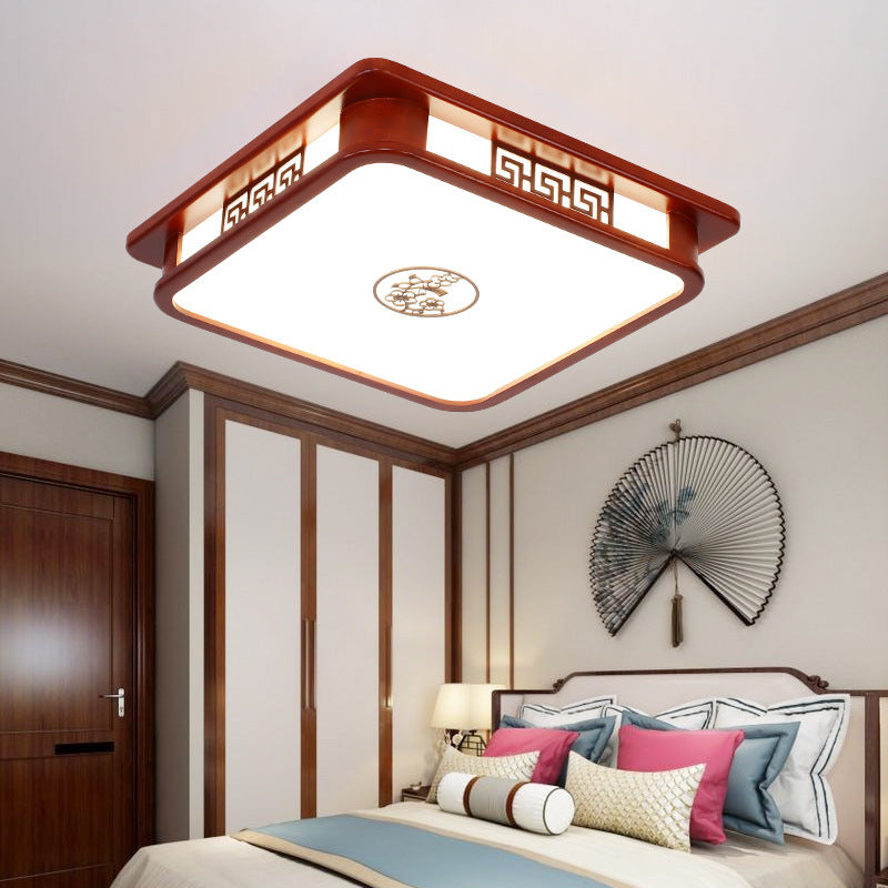 Traditional Chinese Rectangle Pine Acrylic LED Flush Mount Ceiling Light for Living Room