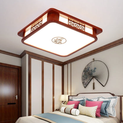Traditional Chinese Rectangle Pine Acrylic LED Flush Mount Ceiling Light for Living Room