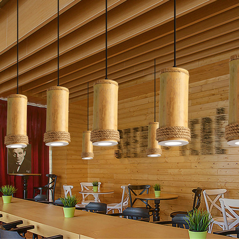 Traditional Rustic Cylinder Bamboo Twine LED Pendant Light for Living Room