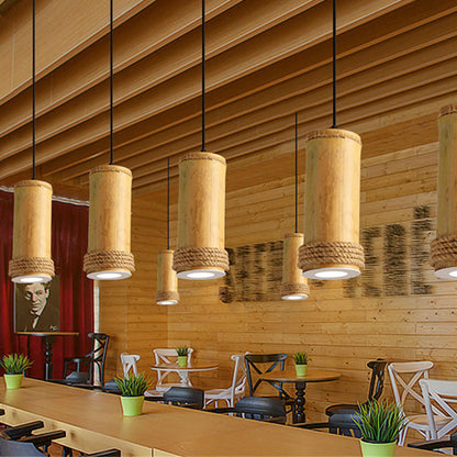 Traditional Rustic Cylinder Bamboo Twine LED Pendant Light for Living Room