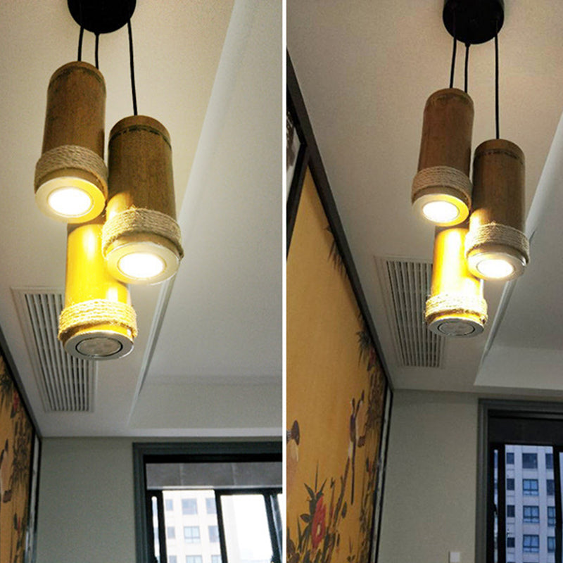 Traditional Rustic Cylinder Bamboo Twine LED Pendant Light for Living Room