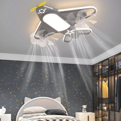 Contemporary Creative Airplane Iron Acrylic LED Flush Mount Ceiling Fan Light for Bedroom