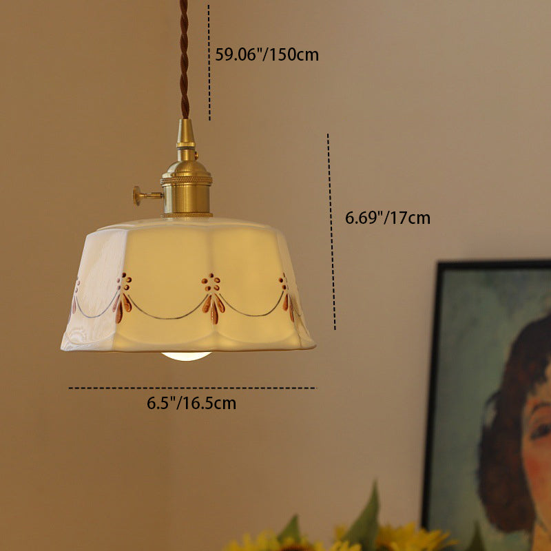 Traditional Japanese Cylinder Brass Ceramic 1-light Pendant Light for Bedroom