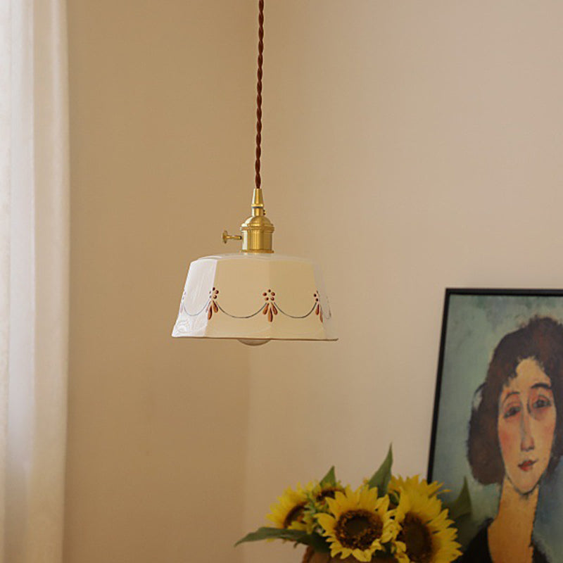Traditional Japanese Cylinder Brass Ceramic 1-light Pendant Light for Bedroom