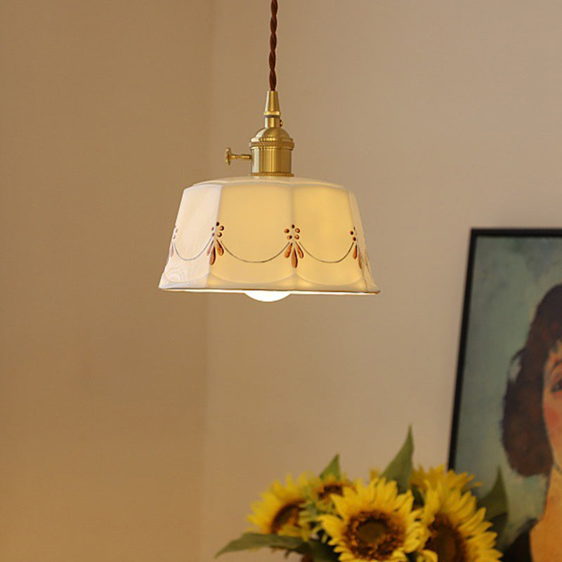 Traditional Japanese Cylinder Brass Ceramic 1-light Pendant Light for Bedroom