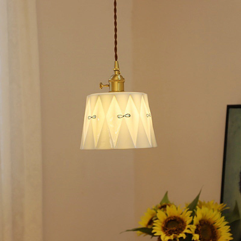 Traditional Japanese Cylinder Brass Ceramic 1-light Pendant Light for Bedroom