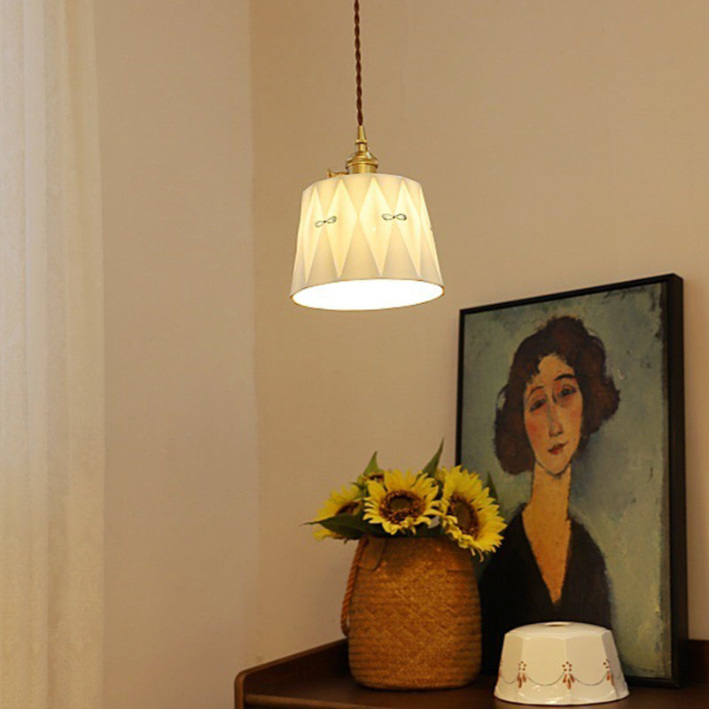 Traditional Japanese Cylinder Brass Ceramic 1-light Pendant Light for Bedroom