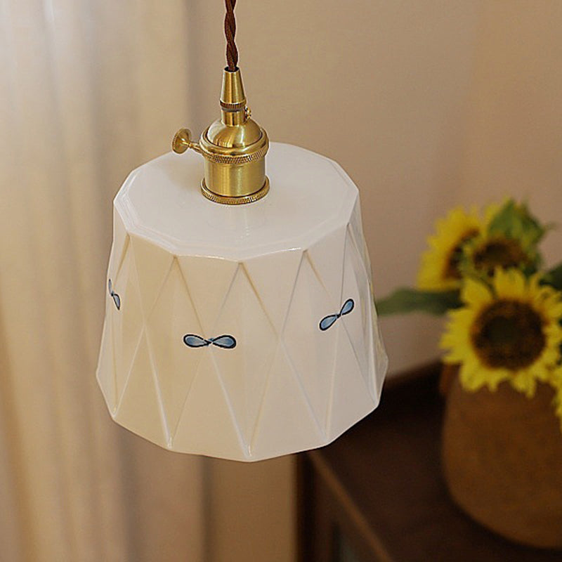 Traditional Japanese Cylinder Brass Ceramic 1-light Pendant Light for Bedroom