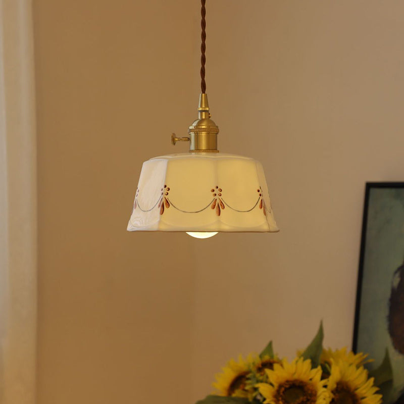 Traditional Japanese Cylinder Brass Ceramic 1-light Pendant Light for Bedroom