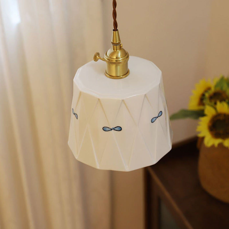 Traditional Japanese Cylinder Brass Ceramic 1-light Pendant Light for Bedroom