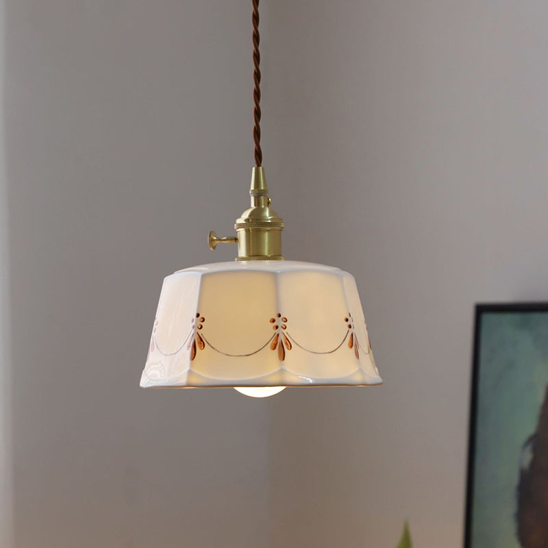 Traditional Japanese Cylinder Brass Ceramic 1-light Pendant Light for Bedroom