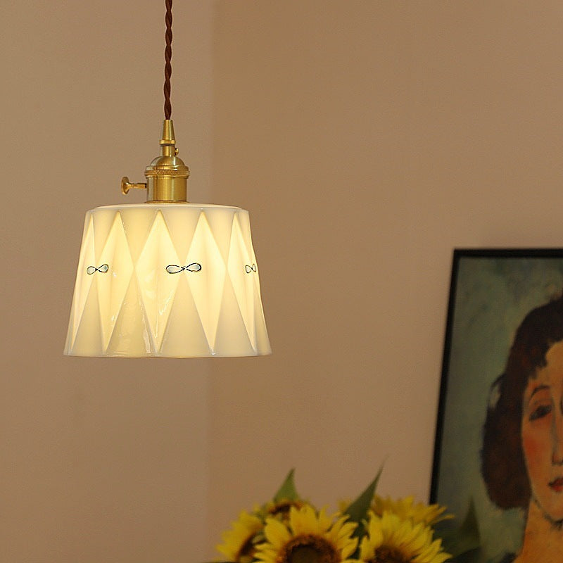 Traditional Japanese Cylinder Brass Ceramic 1-light Pendant Light for Bedroom