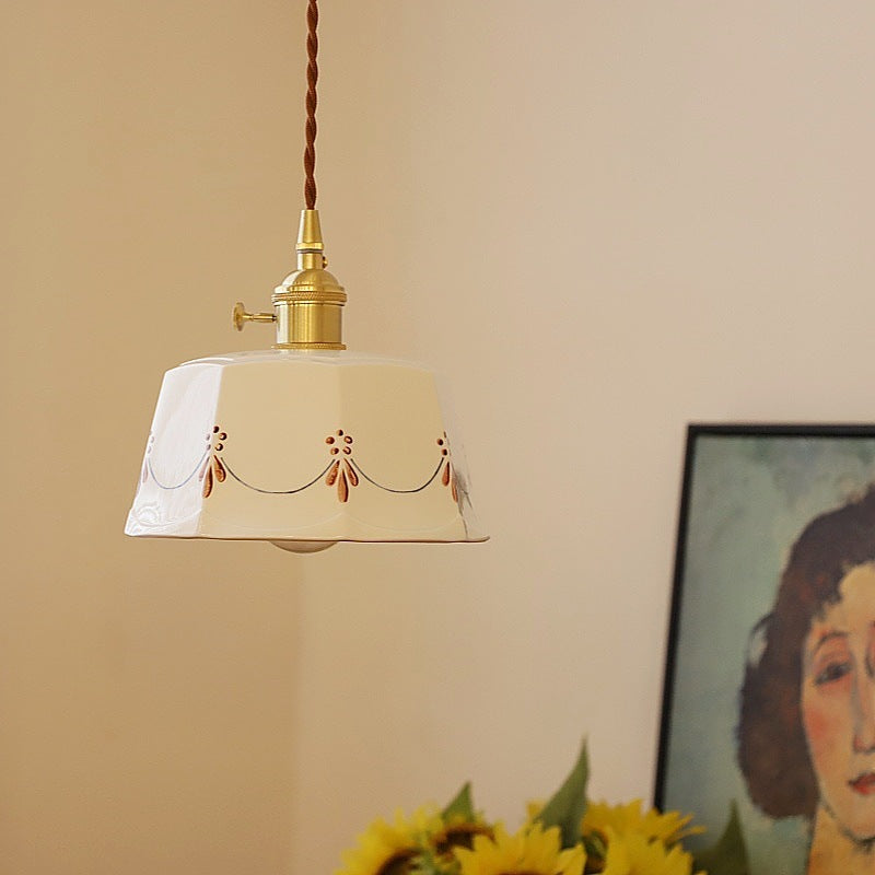 Traditional Japanese Cylinder Brass Ceramic 1-light Pendant Light for Bedroom