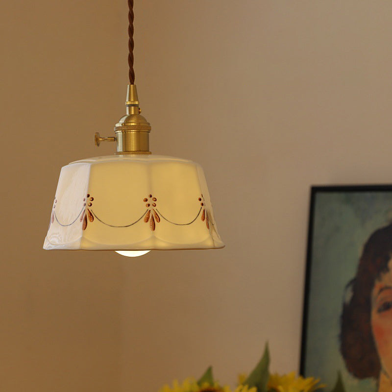Traditional Japanese Cylinder Brass Ceramic 1-light Pendant Light for Bedroom