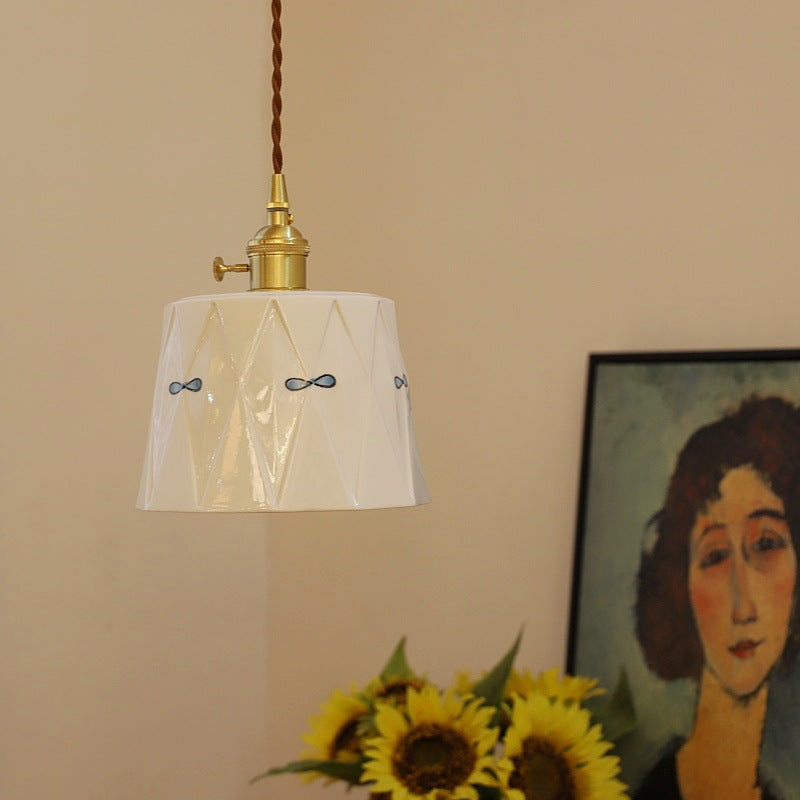 Traditional Japanese Cylinder Brass Ceramic 1-light Pendant Light for Bedroom