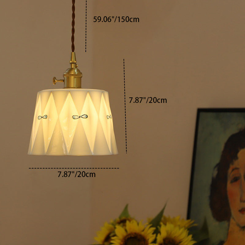 Traditional Japanese Cylinder Brass Ceramic 1-light Pendant Light for Bedroom