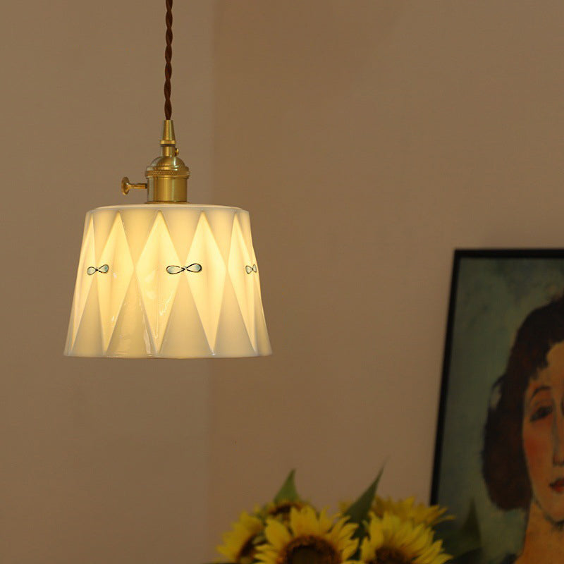 Traditional Japanese Cylinder Brass Ceramic 1-light Pendant Light for Bedroom