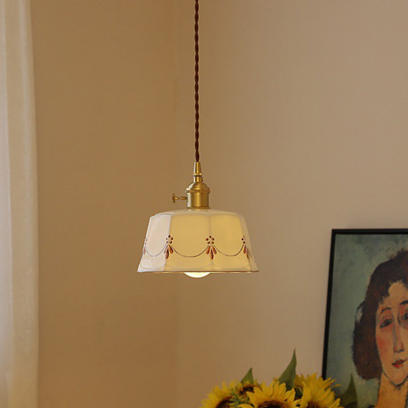 Traditional Japanese Cylinder Brass Ceramic 1-light Pendant Light for Bedroom