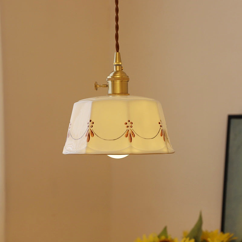 Traditional Japanese Cylinder Brass Ceramic 1-light Pendant Light for Bedroom
