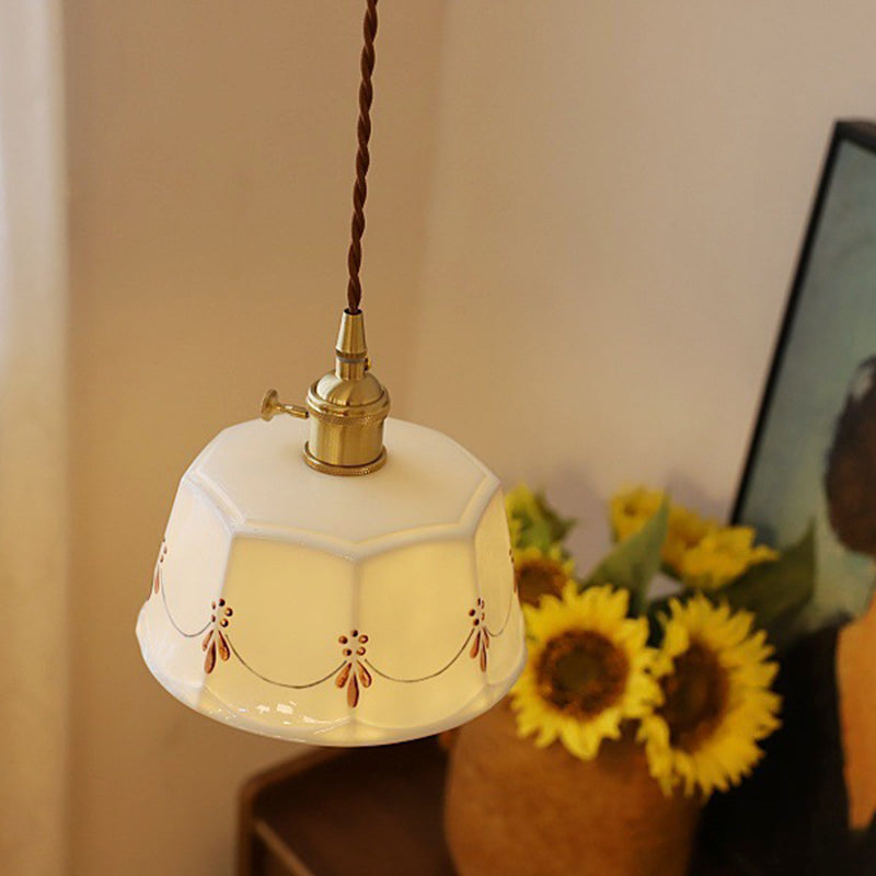 Traditional Japanese Cylinder Brass Ceramic 1-light Pendant Light for Bedroom