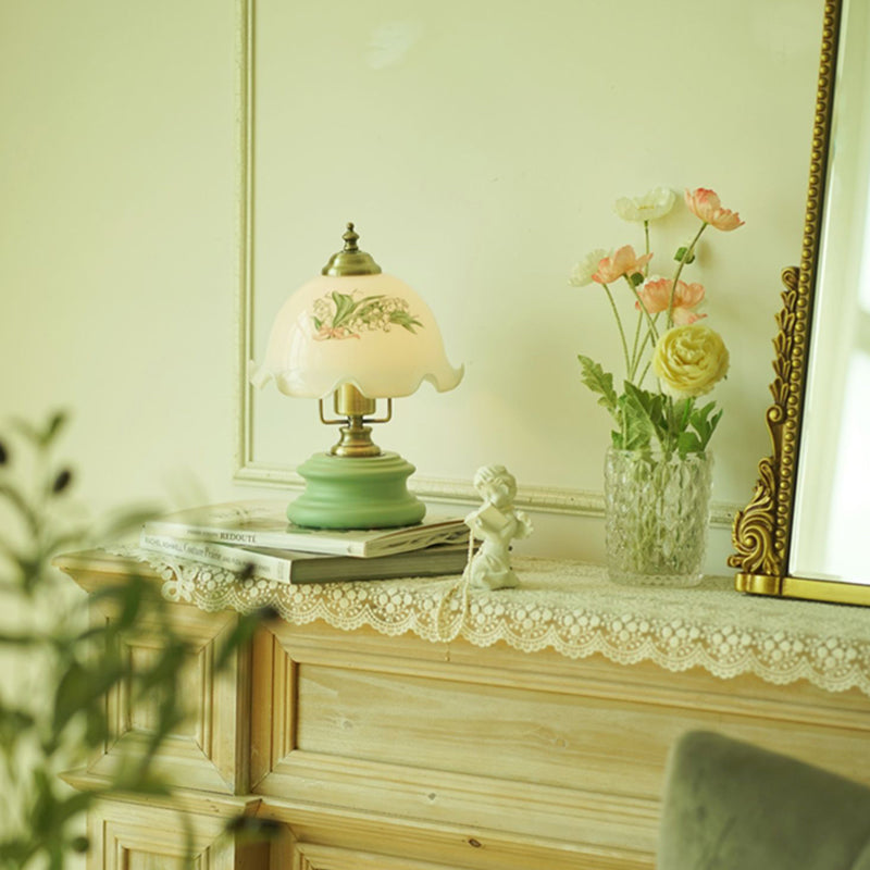 Traditional French Flower Glass Iron Solid Wood LED Table Lamp For Bedroom Lumendat