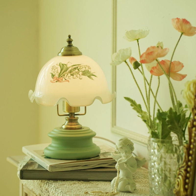 Traditional French Flower Glass Iron Solid Wood LED Table Lamp For Bedroom Lumendat