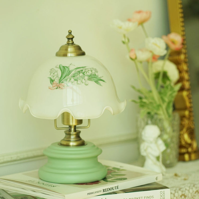 Traditional French Flower Glass Iron Solid Wood LED Table Lamp For Bedroom Lumendat