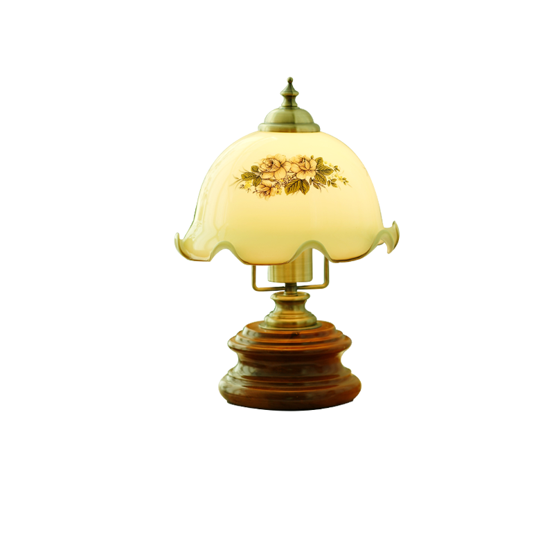 Traditional French Flower Glass Iron Solid Wood LED Table Lamp For Bedroom Lumendat