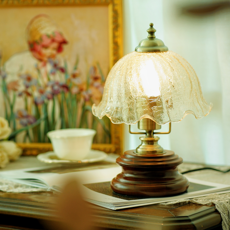Traditional French Flower Glass Iron Solid Wood LED Table Lamp For Bedroom Lumendat