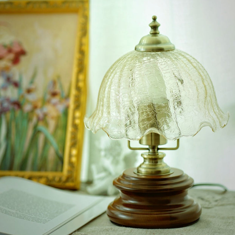 Traditional French Flower Glass Iron Solid Wood LED Table Lamp For Bedroom Lumendat