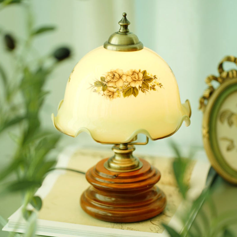 Traditional French Flower Glass Iron Solid Wood LED Table Lamp For Bedroom Lumendat
