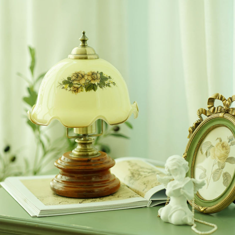 Traditional French Flower Glass Iron Solid Wood LED Table Lamp For Bedroom Lumendat