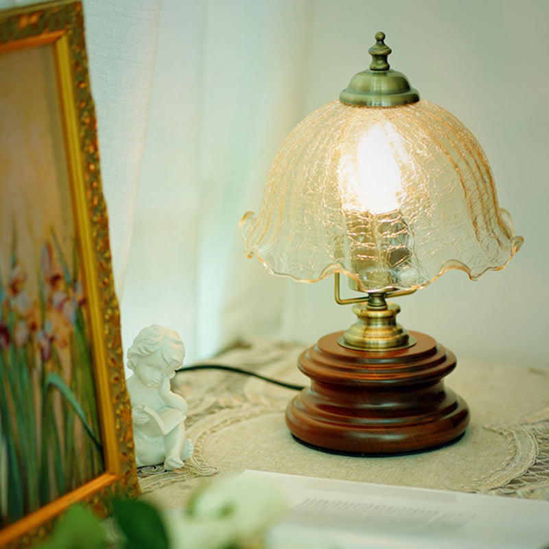 Traditional French Flower Glass Iron Solid Wood LED Table Lamp For Bedroom Lumendat
