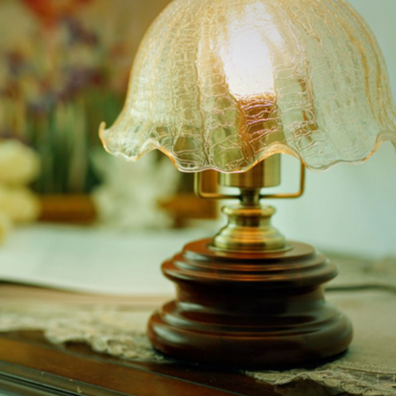 Traditional French Flower Glass Iron Solid Wood LED Table Lamp For Bedroom Lumendat