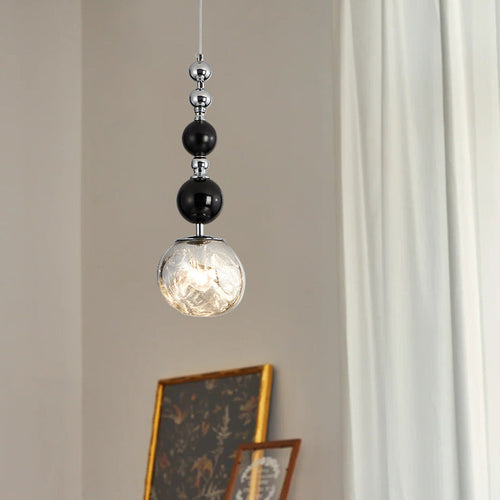 Traditional French Long String Spheres Iron Wood Glass 1-Light Pendant Light For Bedroom
