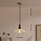 Traditional Japanese Round Brass Walnut Wood Glass 1-Light Pendant Light For Bedroom