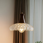 Traditional Japanese Round Brass Walnut Wood Glass 1-Light Pendant Light For Bedroom