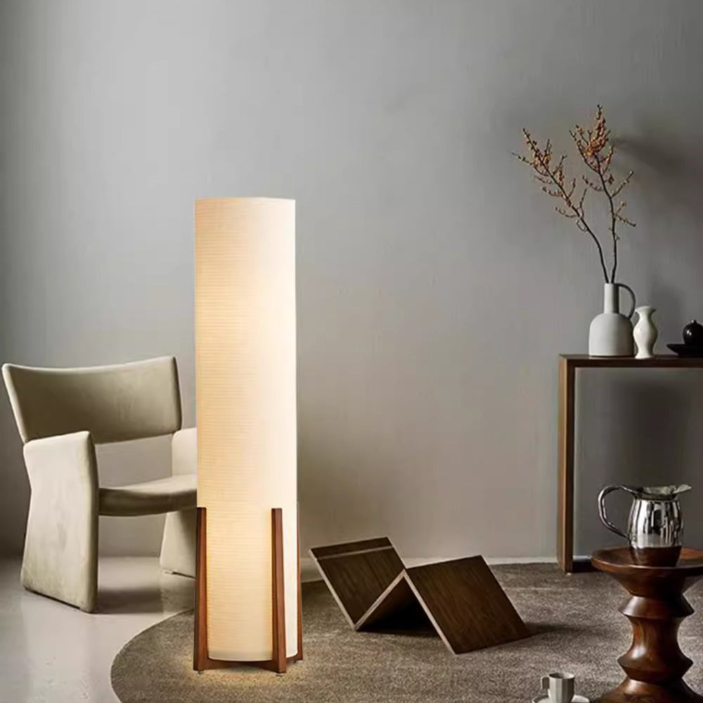 Traditional Japanese Cylinder Fabric Wood 1-Light Standing Floor Lamp For Living Room Lumendat